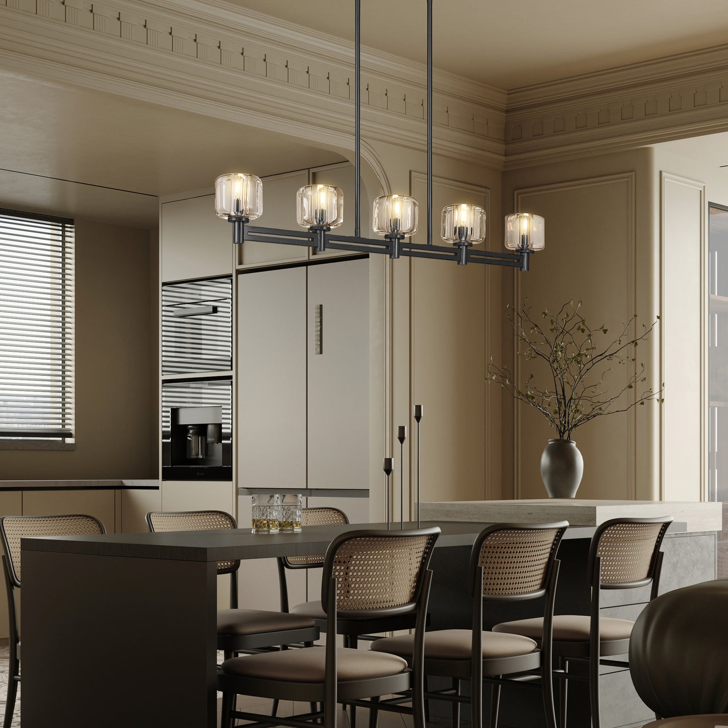 54 in. 5-Light Black Farmhouse Linear Chandelier with Crystal Lampshade for Dining Room, Living Room and Kitchen Island