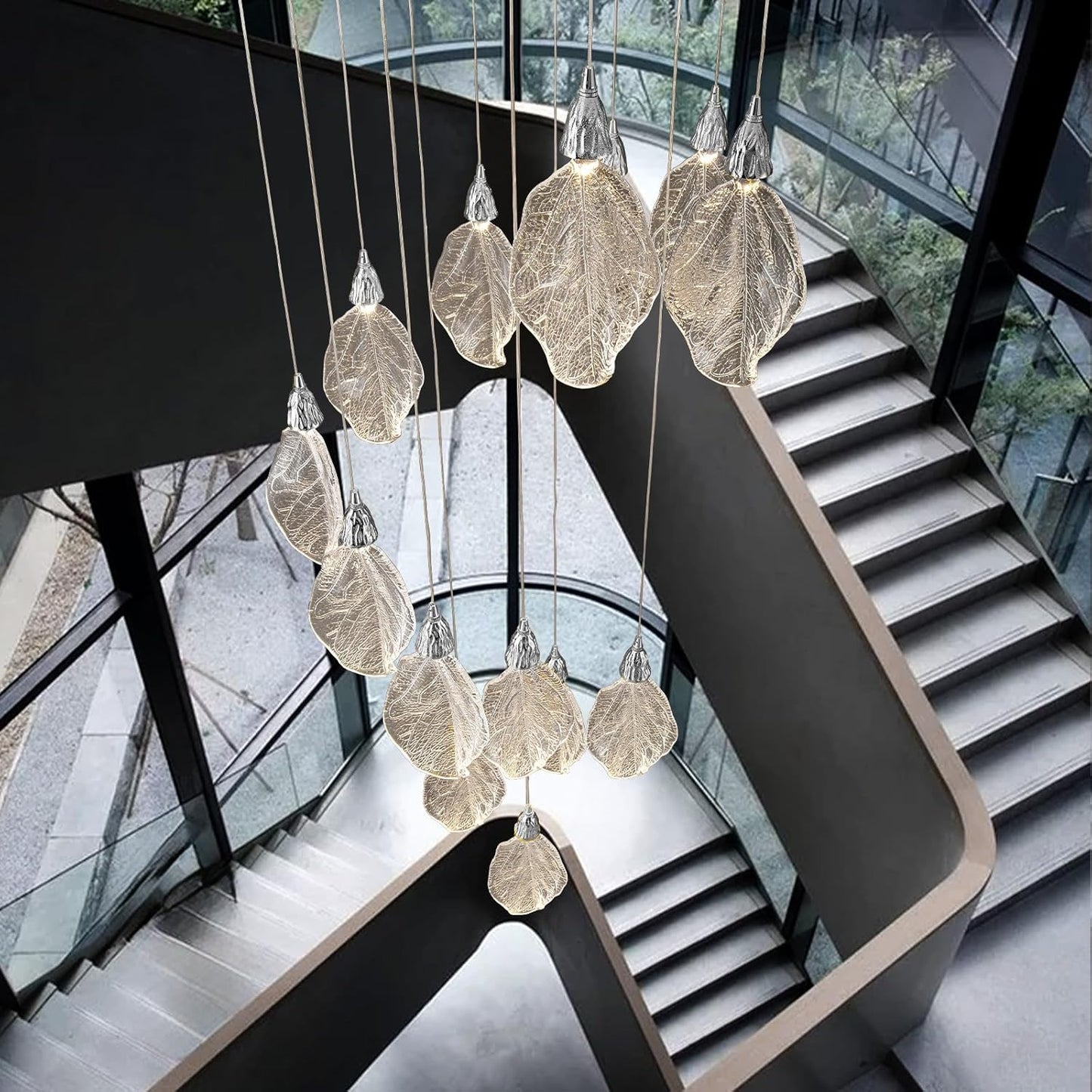 Modern 78 in. H 14Light Integrated LED Silver Crystal Staircase Chandelier Bionic Leaf High Ceiling LED Lighting Fixture