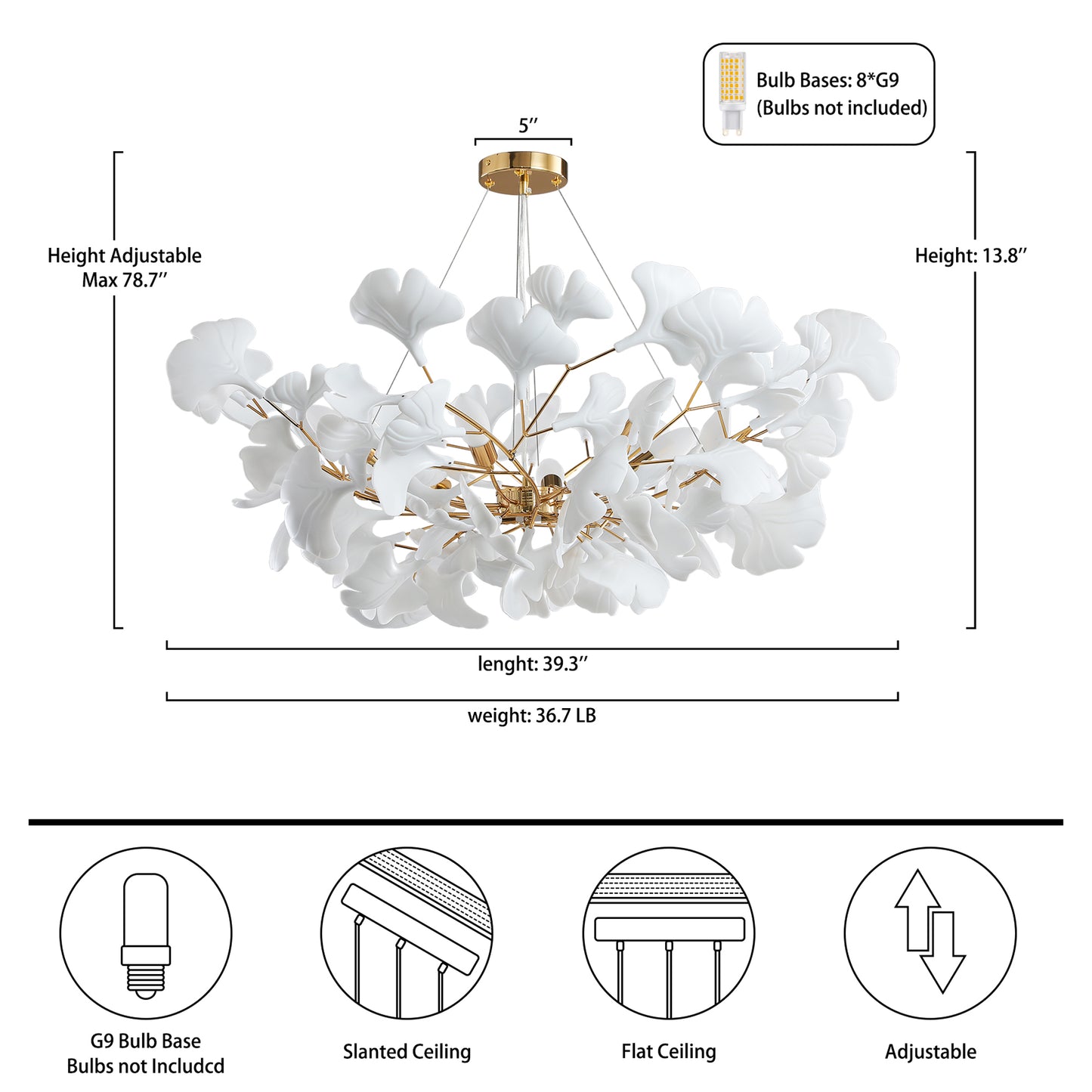 8-Light Gold Chandelier, Luxury Ginkgo Branch Chandelier for Living Room, Dining Room, Foyer, Kitchen Island-L 39 in.