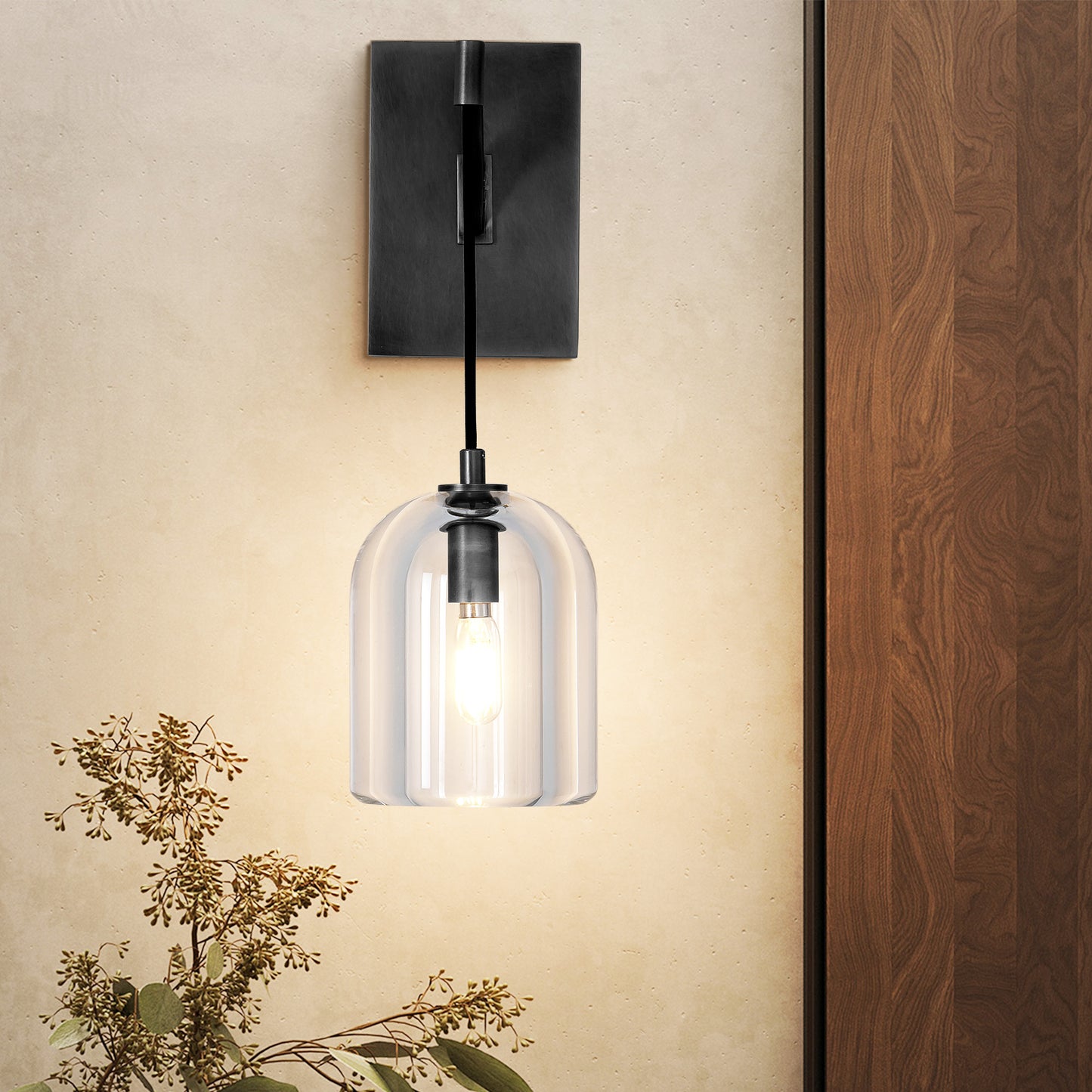 5.1in W 16.5 in. H 1-Light Black Modern Crystal Wall Sconce, Indoor Hemisphere Wall Lighting with Clear Crystal Shade