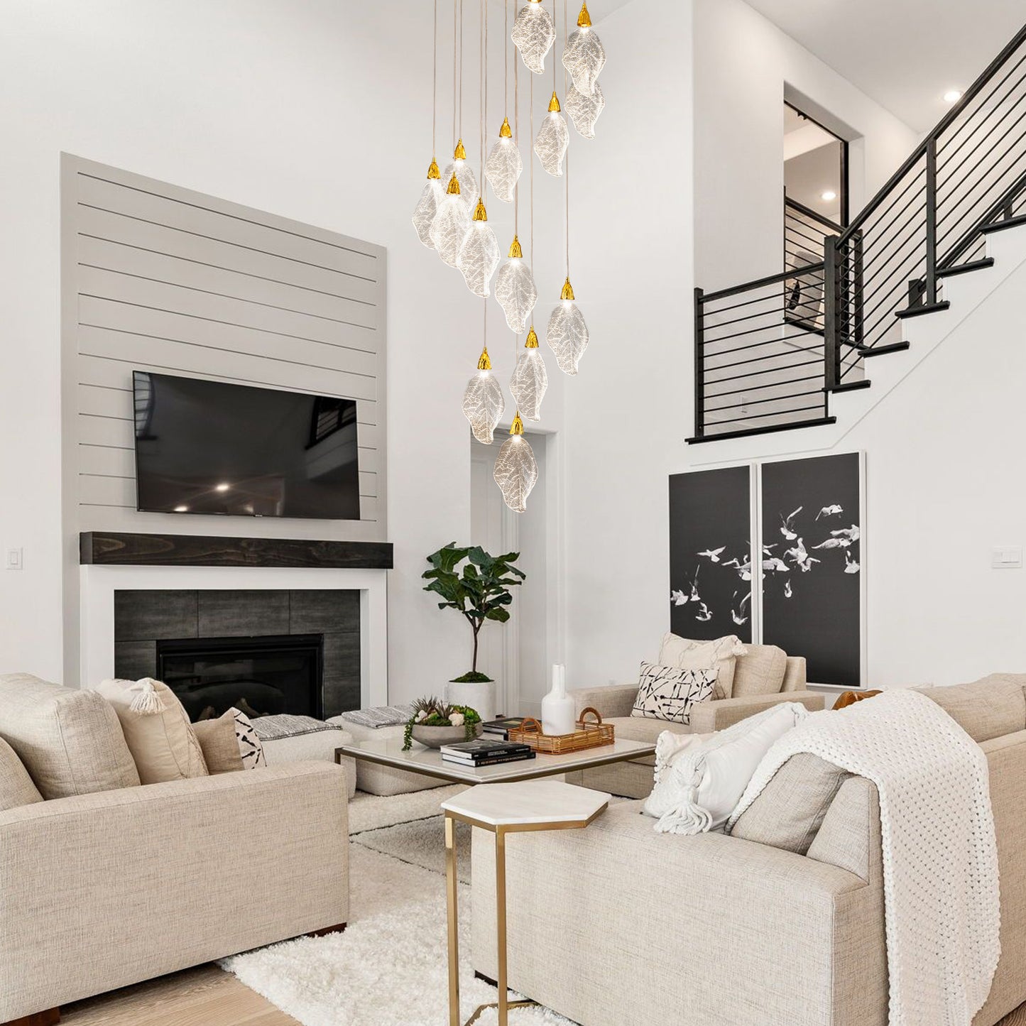 Modern 78 in. H 14-Light Integrated LED Gold Crystal Staircase Chandelier, Bionic Leaf High Ceiling LED Lighting Fixture