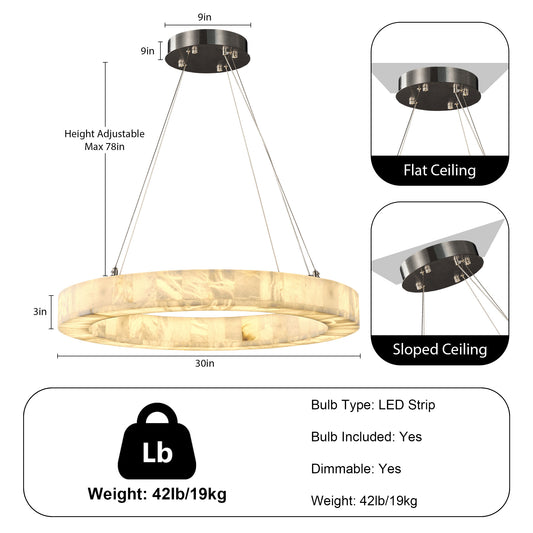 Modern Alabaster Chandelier 30 in. 1-Light Integrated LED White Round Chandelier for Living Room, Enterway, Foyer