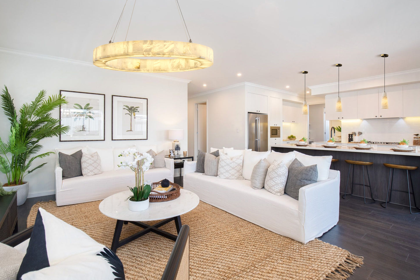Modern Alabaster Chandelier 30 in. 1-Light Integrated LED White Round Chandelier for Living Room, Enterway, Foyer