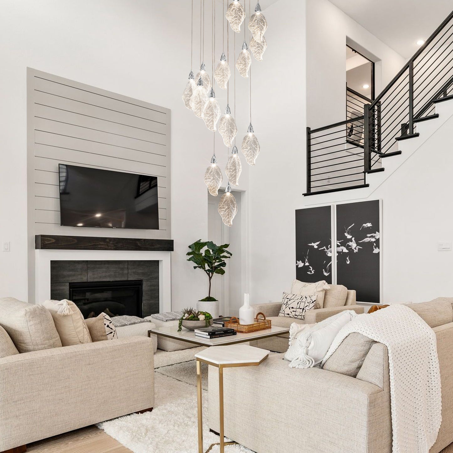 Modern 78 in. H 14Light Integrated LED Silver Crystal Staircase Chandelier Bionic Leaf High Ceiling LED Lighting Fixture