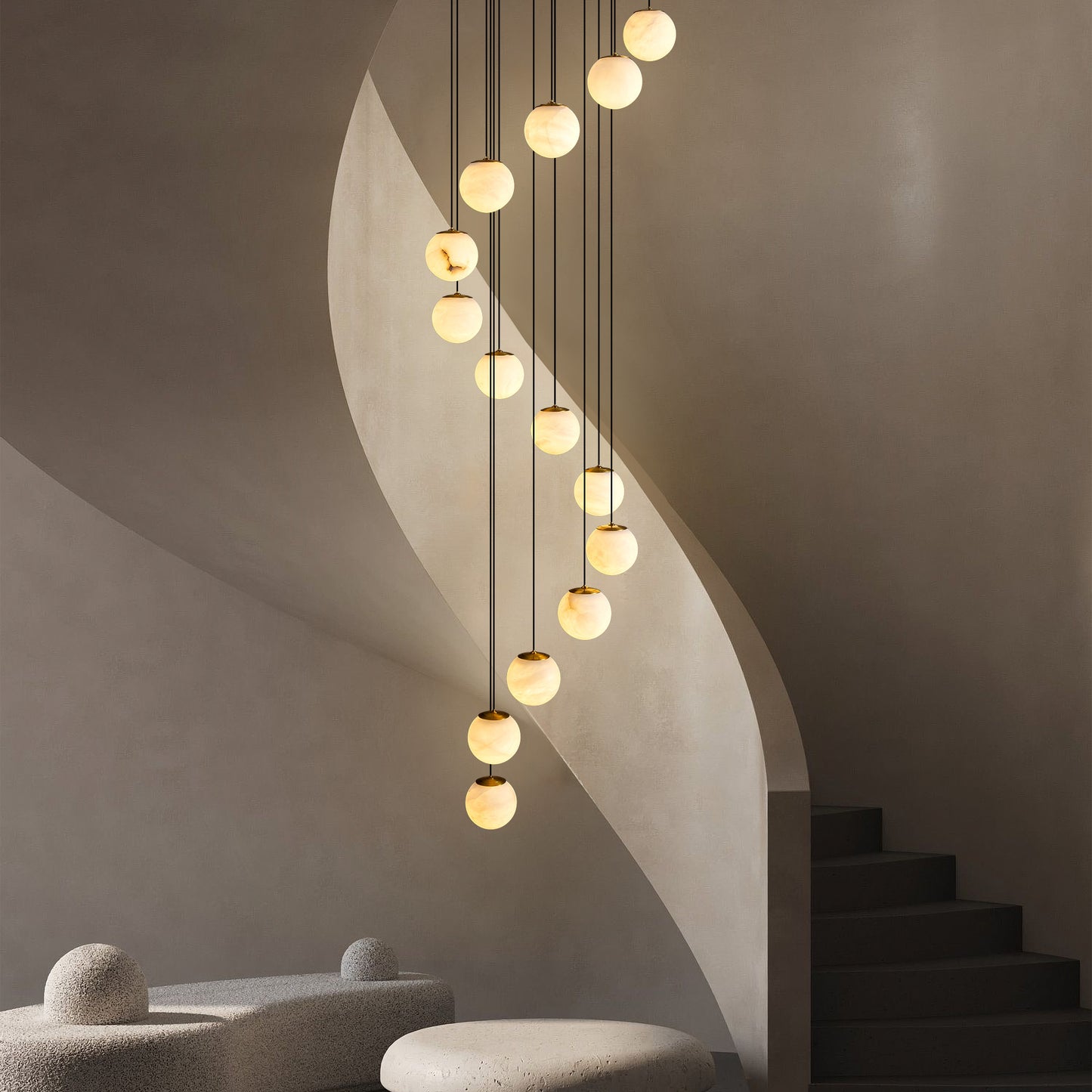 Modern 138 in. H 14-Light Gold Globe Staircase Chandelier, Natural Alabaster Chandelier for High Ceiling, Foyer, Entry