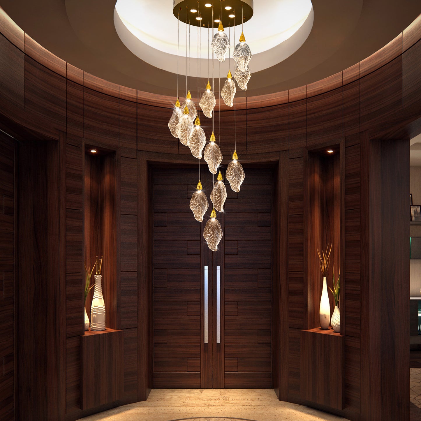 Modern 78 in. H 14-Light Integrated LED Gold Crystal Staircase Chandelier, Bionic Leaf High Ceiling LED Lighting Fixture