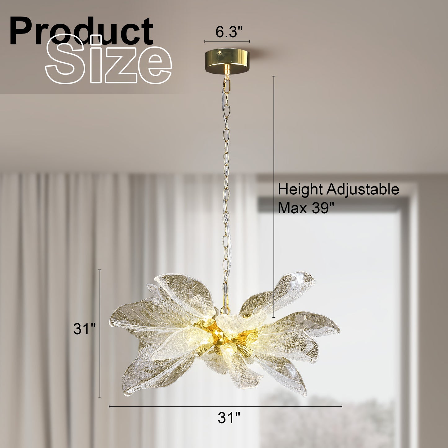 D23 in. 16-Light Gold Modern Chandelier, Crystal Leaf Chandelier for Bedroom, Dining Room, Living Room, Foyer