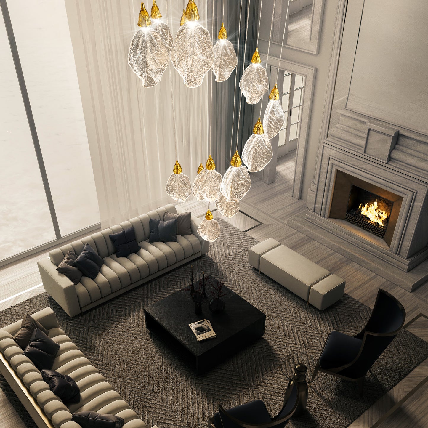 Modern 78 in. H 14-Light Integrated LED Gold Crystal Staircase Chandelier, Bionic Leaf High Ceiling LED Lighting Fixture