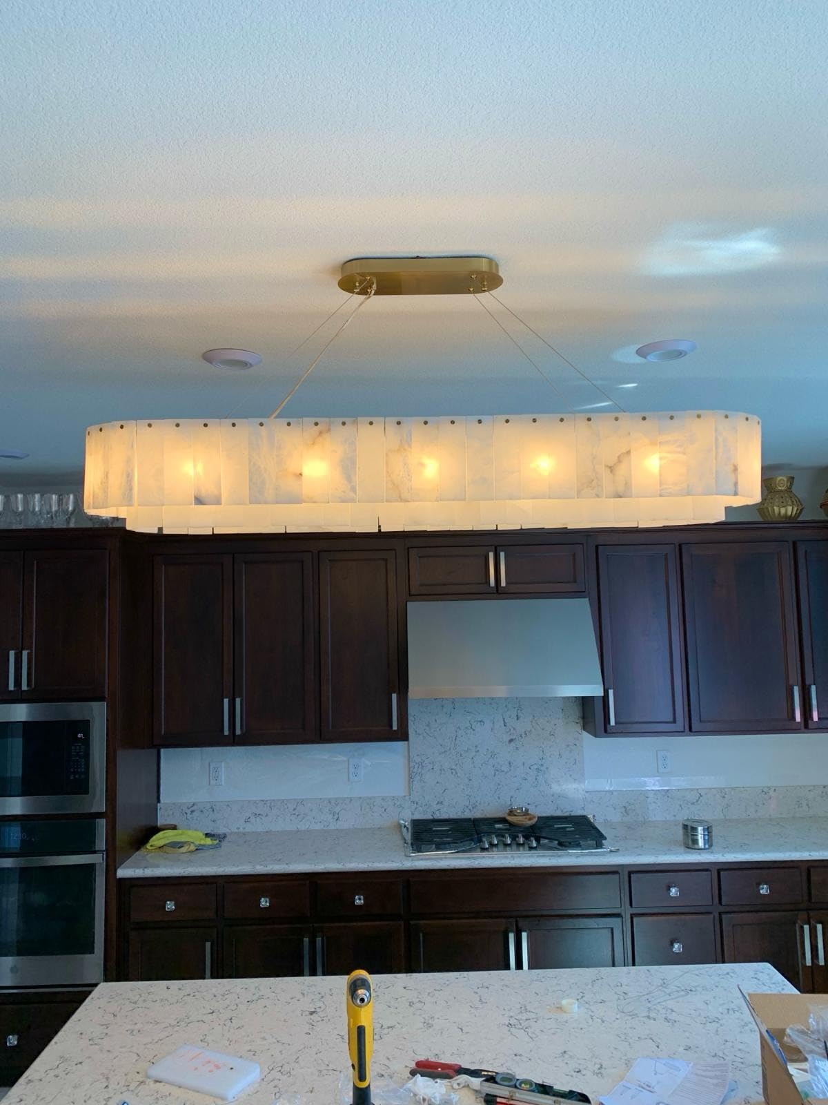 12-Light White Alabaster Chandelier, Adjustable Modern Rectangle Chandelier for Dining Room, Living Room, Kitchen Island
