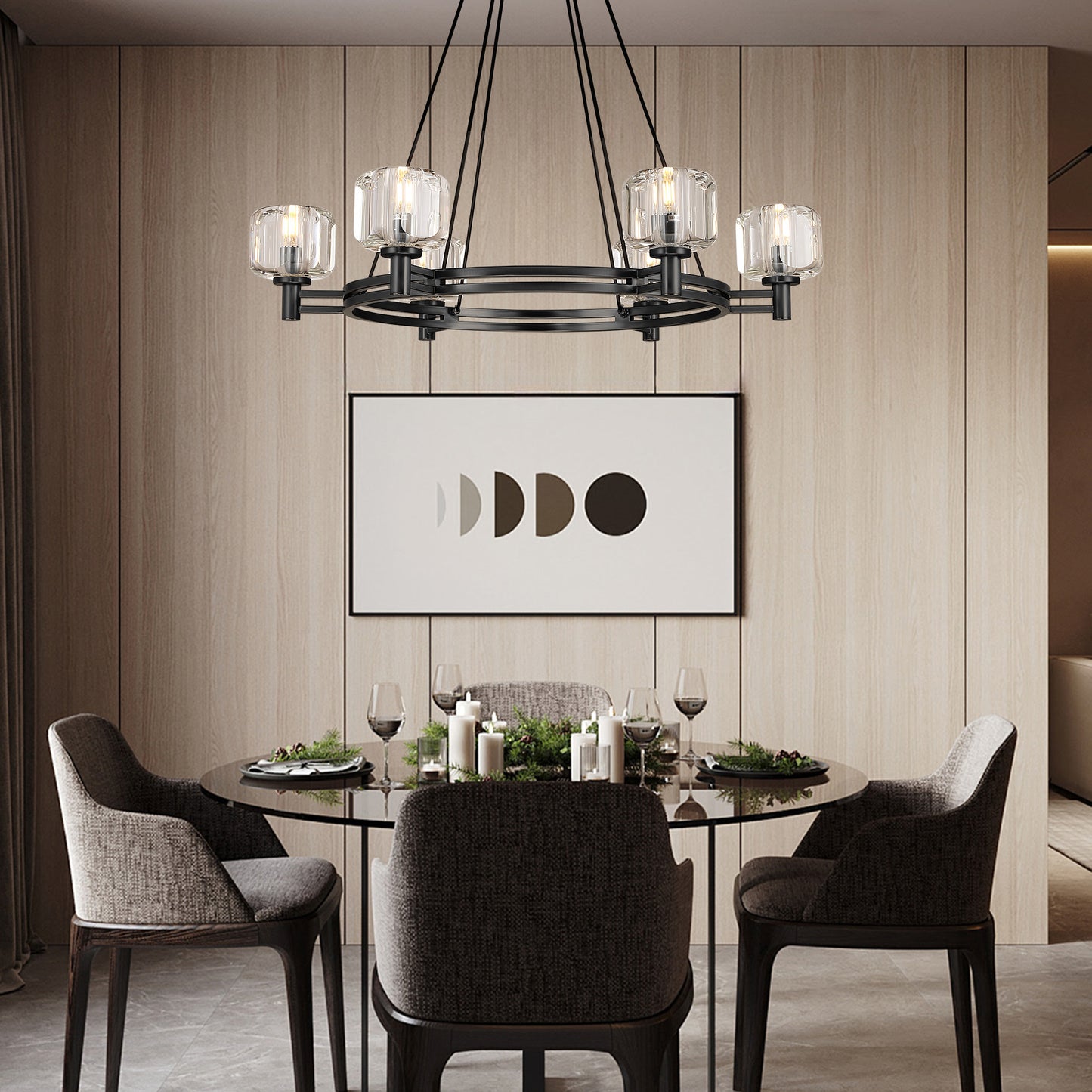 36 in. 6-Light Black Farmhouse Wagon Wheel Chandelier with Crystal Lampshade for Dining Room, Living Room Kitchen Island