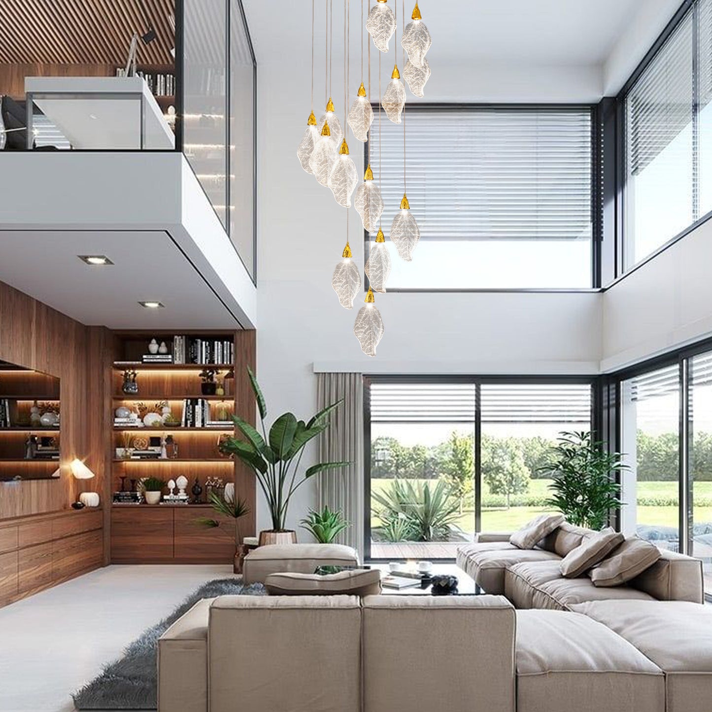 Modern 78 in. H 14-Light Integrated LED Gold Crystal Staircase Chandelier, Bionic Leaf High Ceiling LED Lighting Fixture