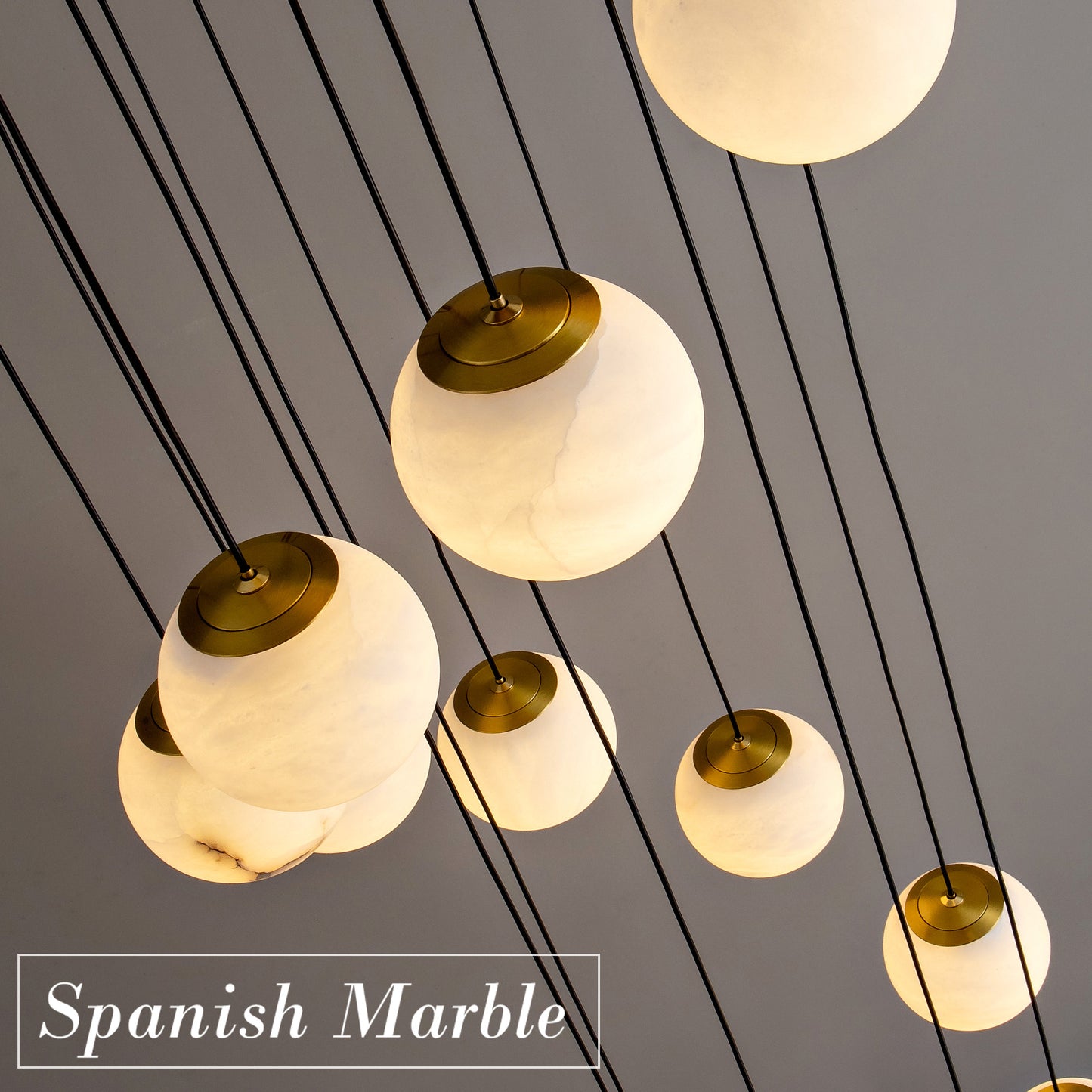Modern 138 in. H 14-Light Gold Globe Staircase Chandelier, Natural Alabaster Chandelier for High Ceiling, Foyer, Entry