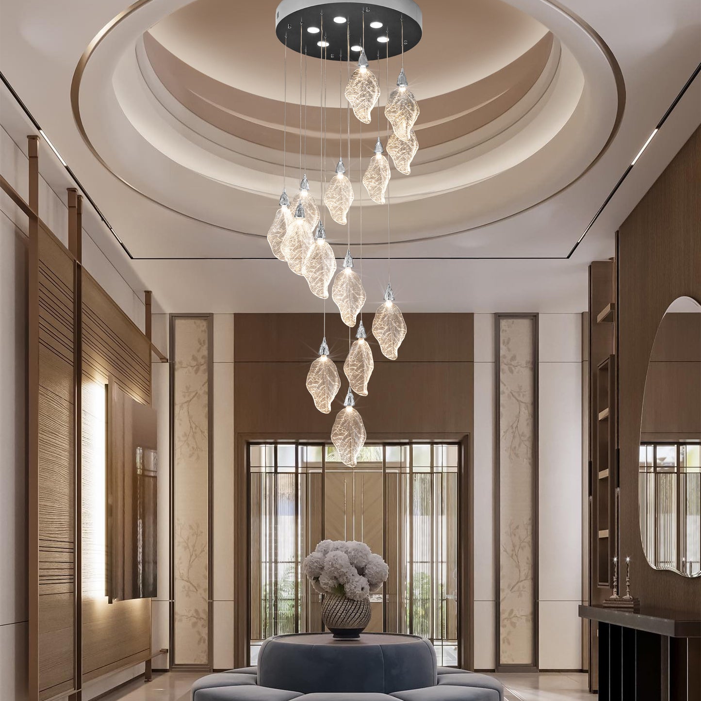 Modern 78 in. H 14Light Integrated LED Silver Crystal Staircase Chandelier Bionic Leaf High Ceiling LED Lighting Fixture