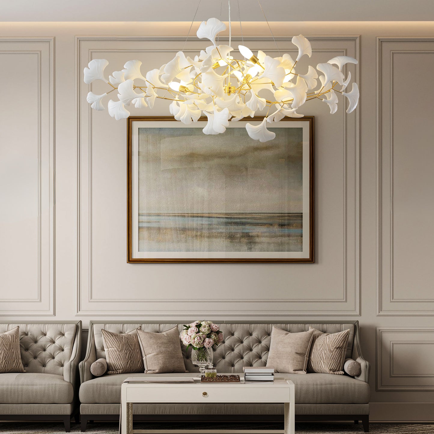 6-Light Gold Chandelier, Luxury Ginkgo Branch Chandelier for Living Room, Dining Room, Foyer, Kitchen Island-L 47 in.