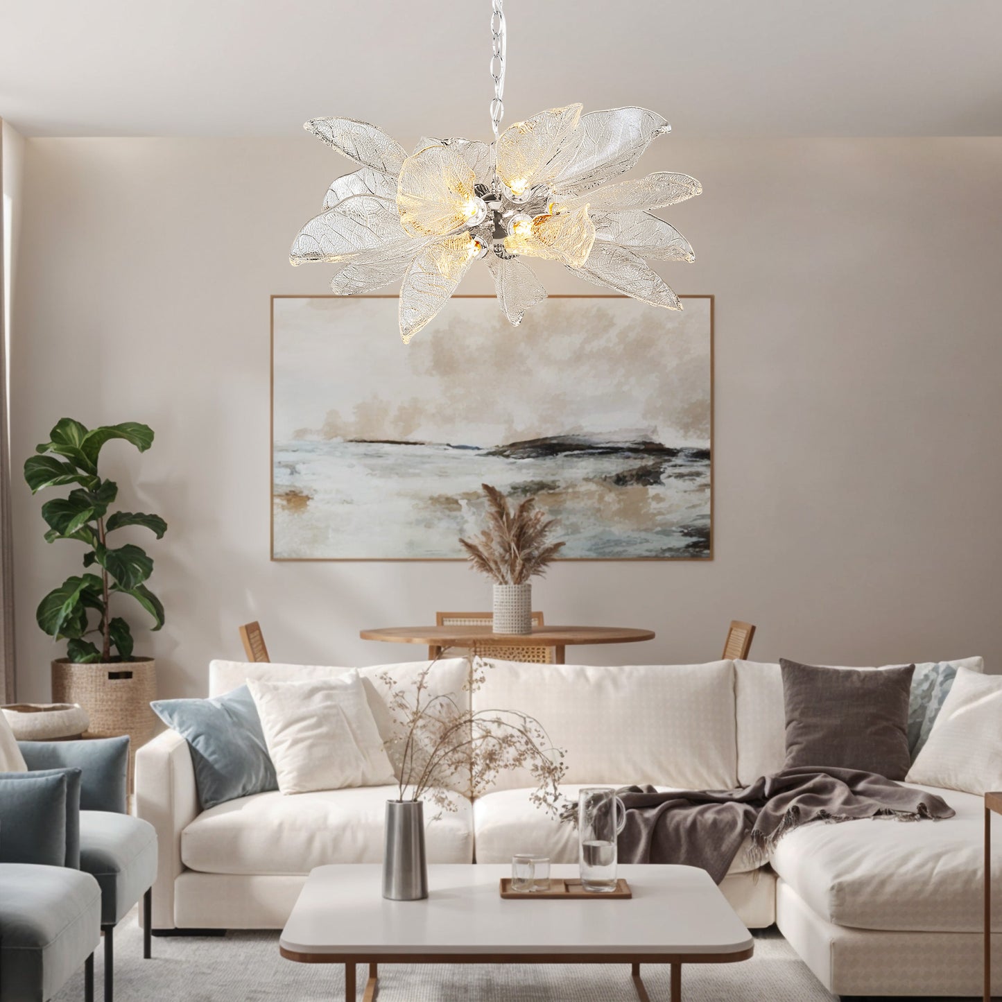 D23 in. 16-Light Silver Modern Chandelier, Crystal Leaf Chandelier for Bedroom, Dining Room, Living Room, Foyer