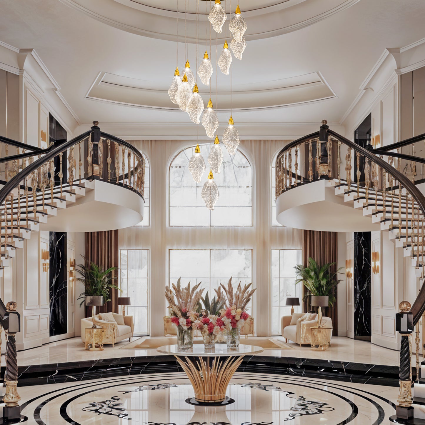 Modern 78 in. H 14-Light Integrated LED Gold Crystal Staircase Chandelier, Bionic Leaf High Ceiling LED Lighting Fixture