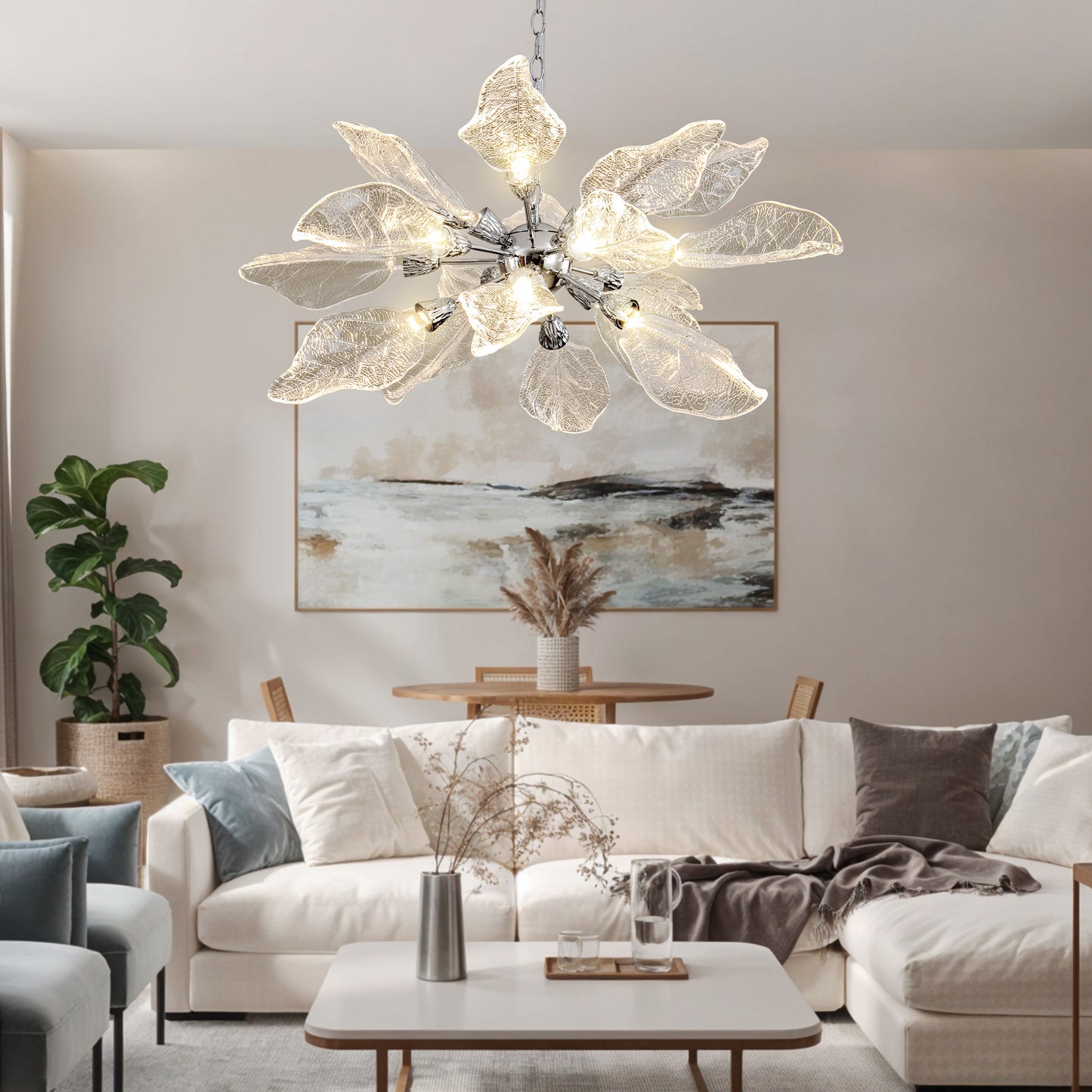D31.5 in. 18-Light Silver Modern Chandelier, Crystal Leaf Chandelier for Bedroom, Dining Room, Living Room, Foyer