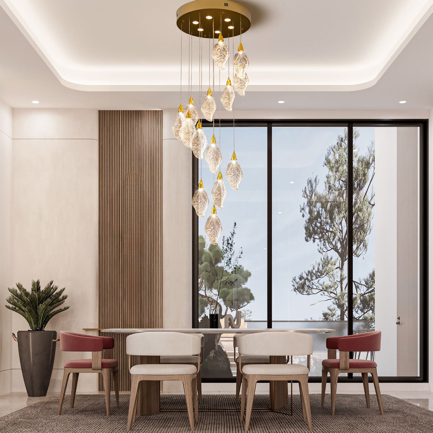 Modern 78 in. H 14-Light Integrated LED Gold Crystal Staircase Chandelier, Bionic Leaf High Ceiling LED Lighting Fixture