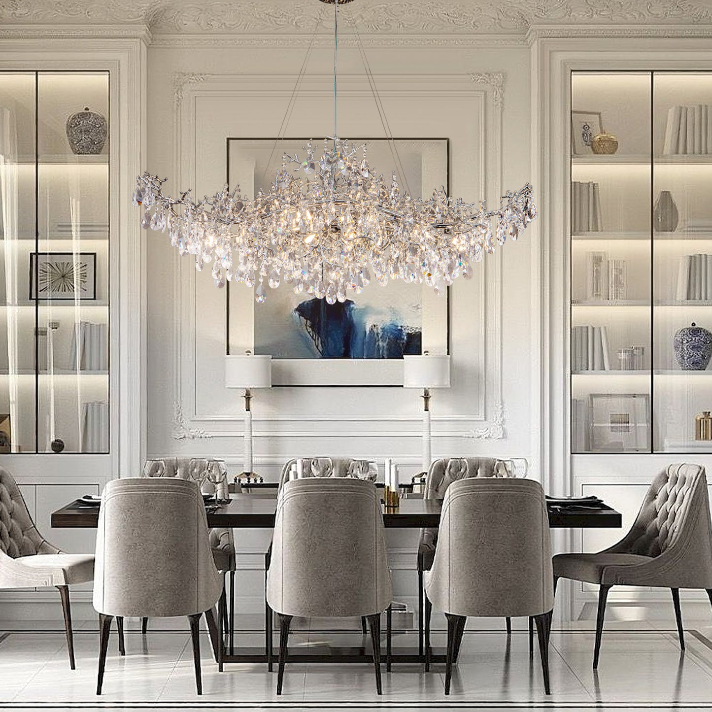 47.2" 14-Lights Silver Luxury Crystal Linear Chandelier, Modern Branch Chandelier for Dinning Room, Kitchen, Living Room