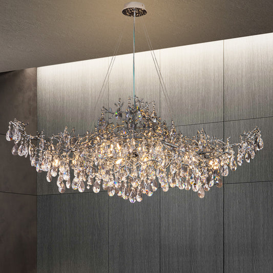 47.2" 14-Lights Silver Luxury Crystal Linear Chandelier, Modern Branch Chandelier for Dinning Room, Kitchen, Living Room