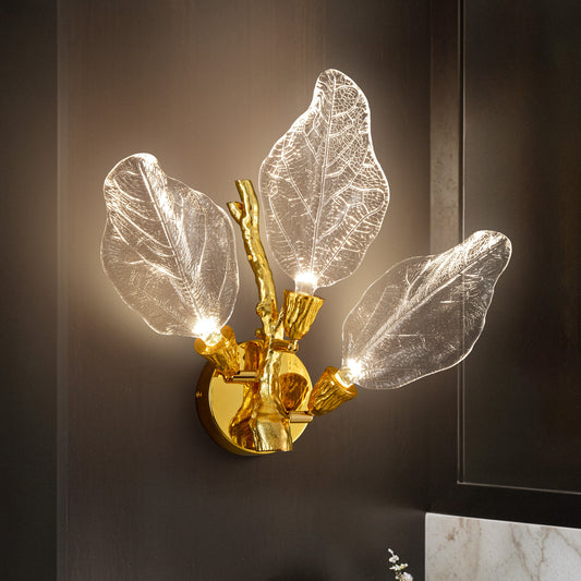 Modern 13.4 in. 3-Light Gold Bionic Leaf Wall Sconce LED Vanity Lighting Fixtures for Bathroom Hallway Living Room Stair
