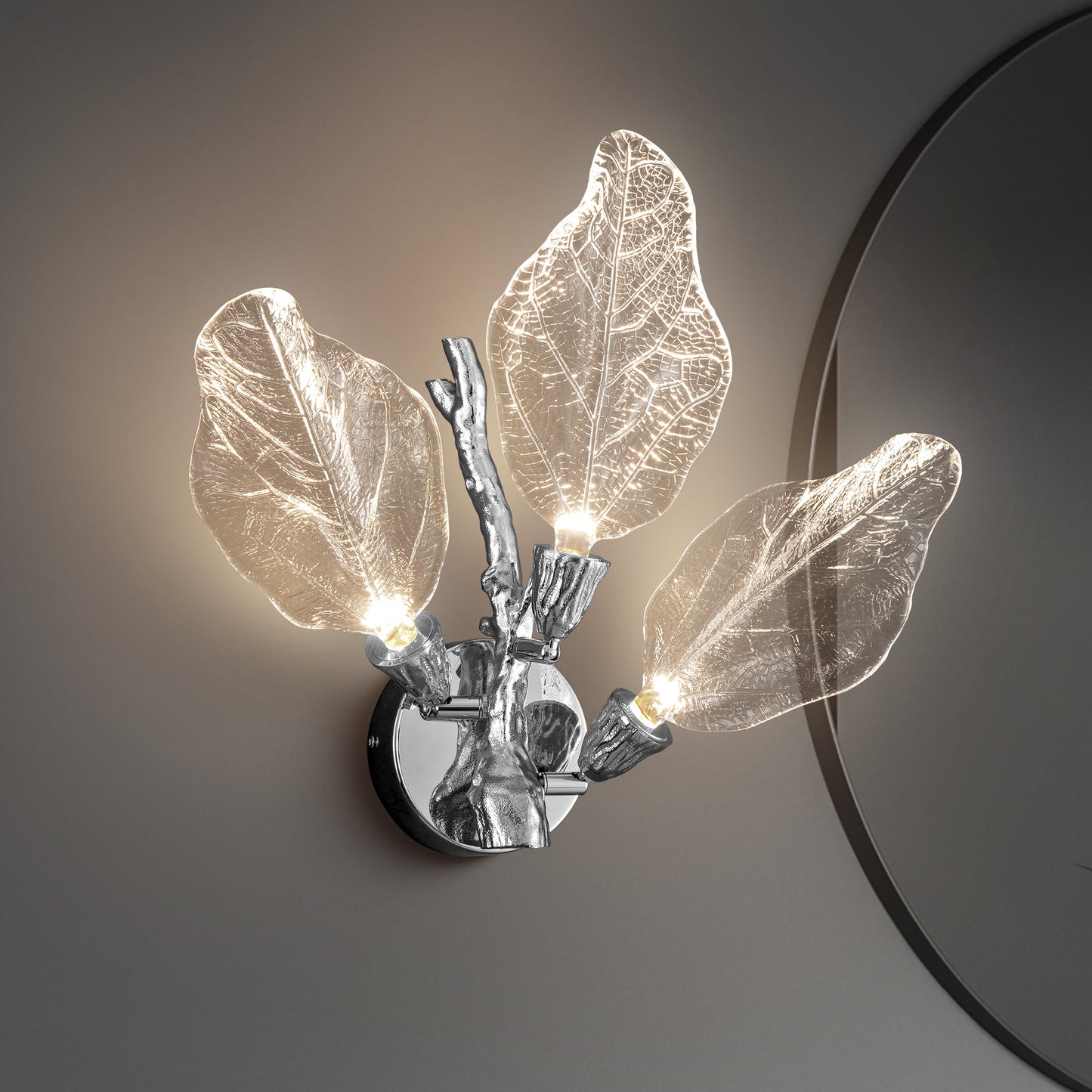 Modern 13.4 in. 3-Light Silver Bionic Leaf Wall Sconce LED Vanity Lighting Fixtures Bathroom Hallway Living Room Stair
