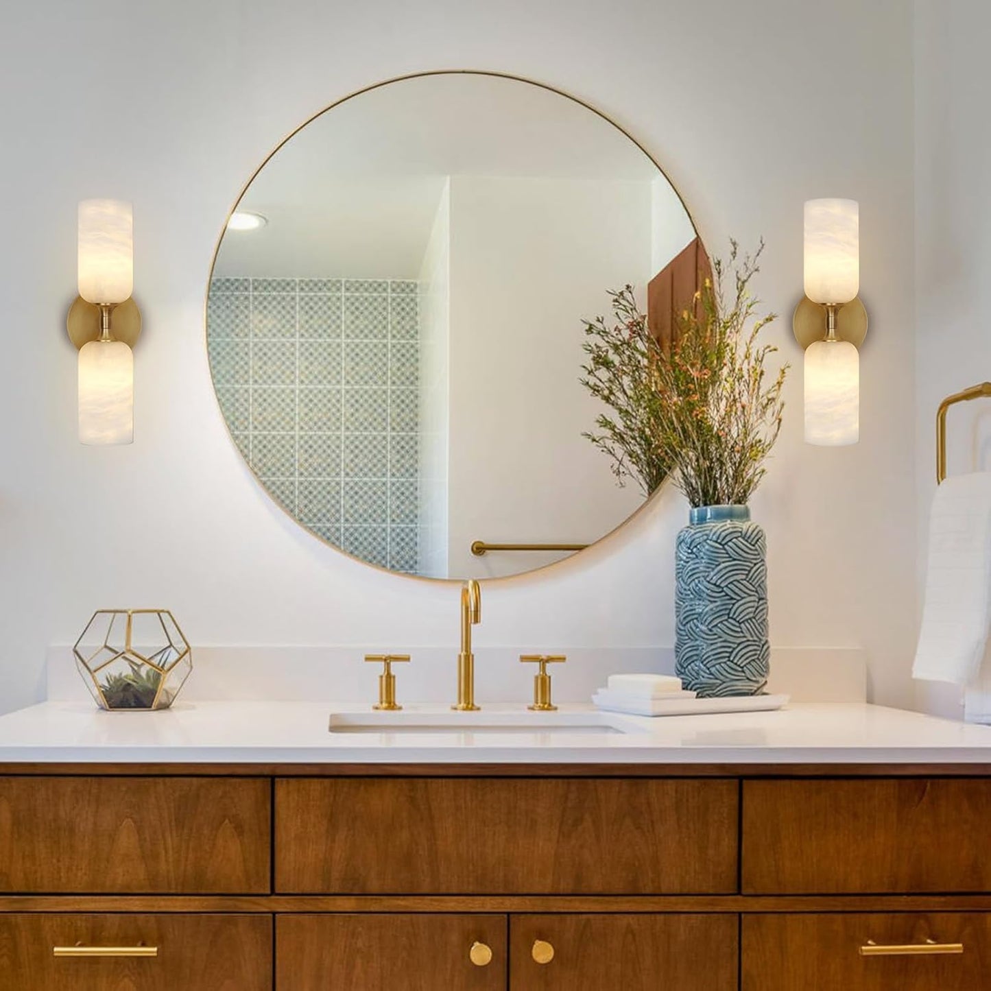 14 in. 2-Light Gold Modern Natural Alabaster Wall Sconce, Brass Bathroom Sconces for Living Room, Staircase, Hallway