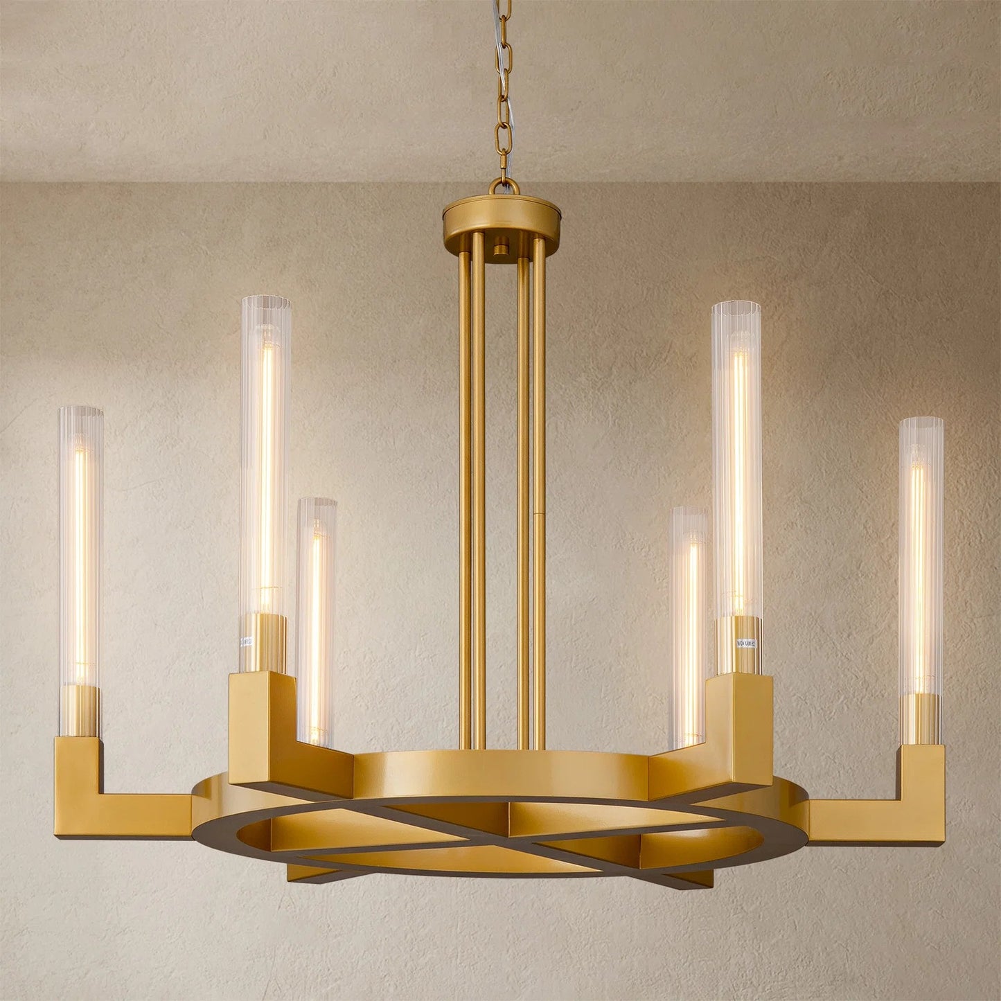 35 in. 6-Light Farmhouse Chandelier, Gold Wagon Wheel Chandelier with Glass Tube for Dining Room, Living Room, Entryway