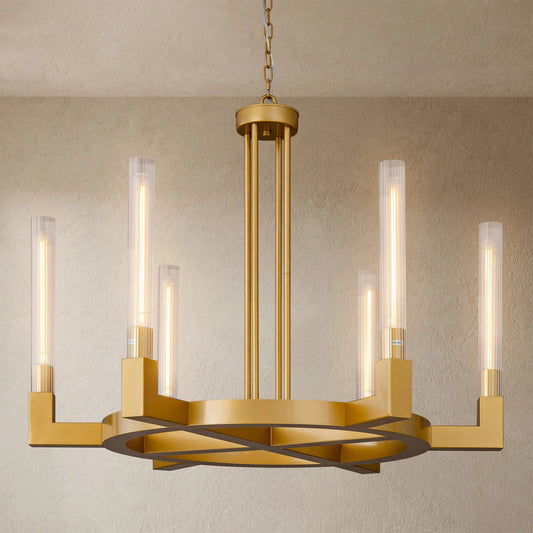 35 in. 6-Light Farmhouse Chandelier, Gold Wagon Wheel Chandelier with Glass Tube for Dining Room, Living Room, Entryway