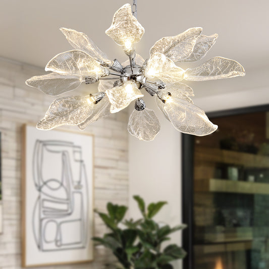 D31.5 in. 18-Light Silver Modern Chandelier, Crystal Leaf Chandelier for Bedroom, Dining Room, Living Room, Foyer