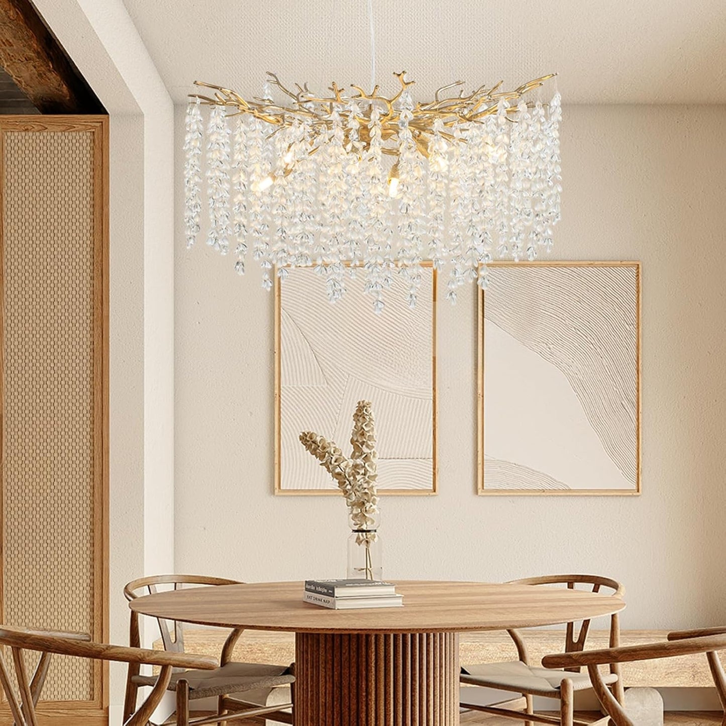 24" 8-Light Modern Crystal Chandelier, Gold Tree Branch Round Chandelier for Dining Room, Living Room, Bedroom, Entryway