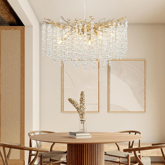 24" 8-Light Modern Crystal Chandelier, Gold Tree Branch Round Chandelier for Dining Room, Living Room, Bedroom, Entryway