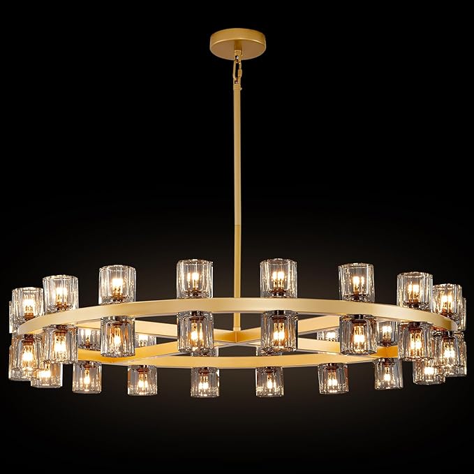36-Light Gold Round Chandelier, 36 in. Modern K9 Crystal Chandelier for Dining Room, Living Room, Foyer