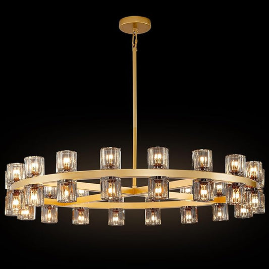 36-Light Gold Round Chandelier, 36 in. Modern K9 Crystal Chandelier for Dining Room, Living Room, Foyer