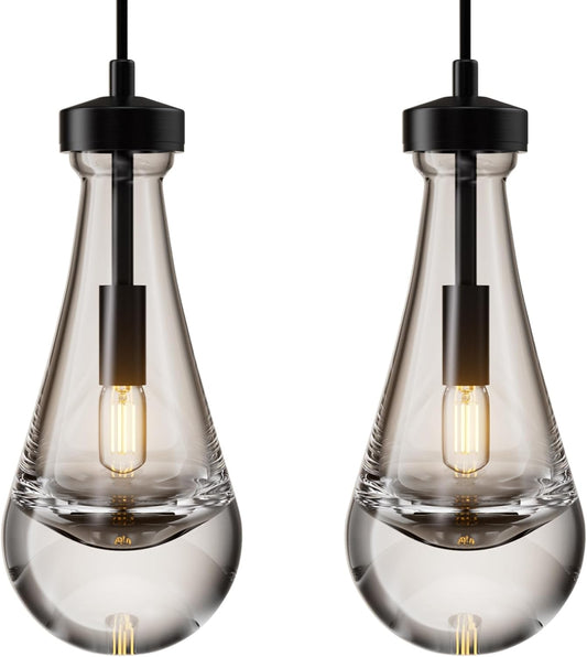 1-Light Modern Black Chandelier, Pendant Light Kitchen Island with Raindrop Glass Shade, (2-Sets)