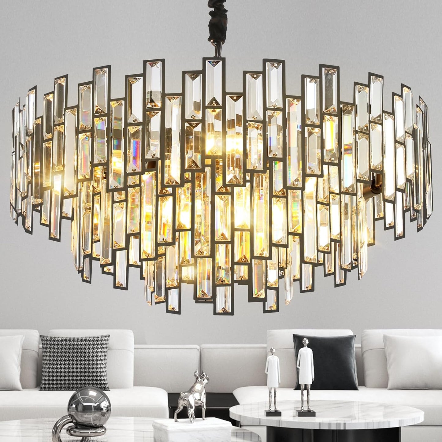 24 in. Modern Chandelier 10-Light 3-Tier Black Round K9 Crystal Chandelier for Dining Room, Living Room Entryway & Foyer