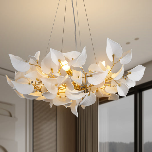 31.5" 6-Light Luxury Gold Round Chandelier, Modern Ceramic Leaf Branch Chandelier for Living Room, Dinning Room, Foyer