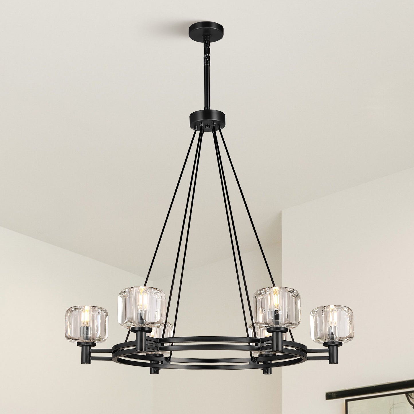 36 in. 6-Light Black Farmhouse Wagon Wheel Chandelier with Crystal Lampshade for Dining Room, Living Room Kitchen Island