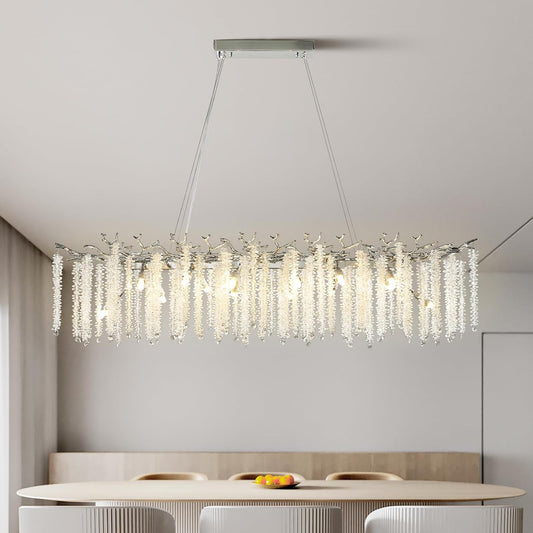 14-Light Silver Chandelier, Luxury Flush Mount Chandelier with K9 Crystal, for Dining Room, Living Room, Kitchen