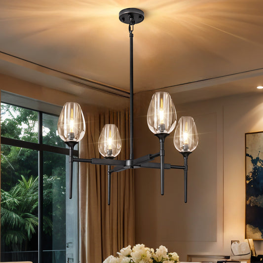 Modern Tulip Chandelier 27 in. 4-Light Black Tulip Round Chandelier for Dining Room, Living Room, Foyer, Hallway