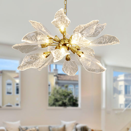 D31.5 in. 18-Light Gold Modern Chandelier, Crystal Leaf Chandelier for Bedroom, Dining Room, Living Room, Foyer