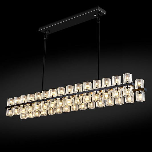 60-Light Black Rectangular Chandelier, 54 in. Modern K9 Crystal Chandelier for Dining Room, Living Room, Foyer