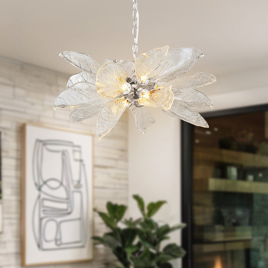 D23 in. 16-Light Silver Modern Chandelier, Crystal Leaf Chandelier for Bedroom, Dining Room, Living Room, Foyer