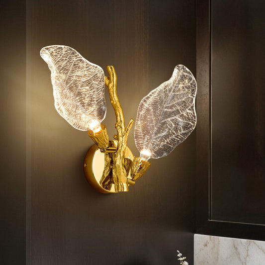 2-Light Gold Bionic Leaf Wall Sconce, LED Vanity Lighting Fixtures for Bathroom Hallway, Living Room, Stairs