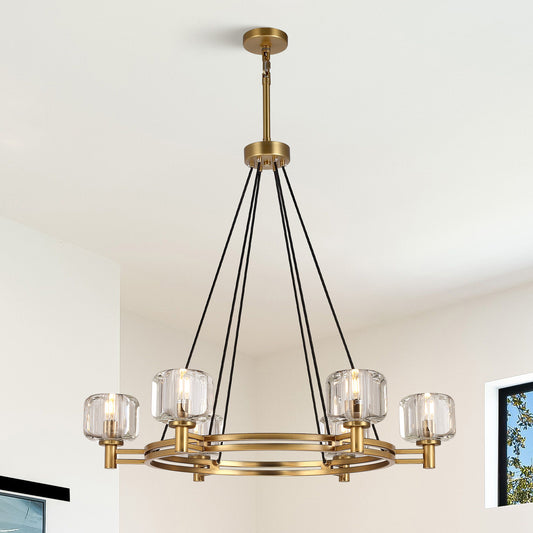 36 in. 6-Light Gold Farmhouse Wagon Wheel Chandelier with Crystal Lampshade for Dining Room, Living Room, Kitchen Island