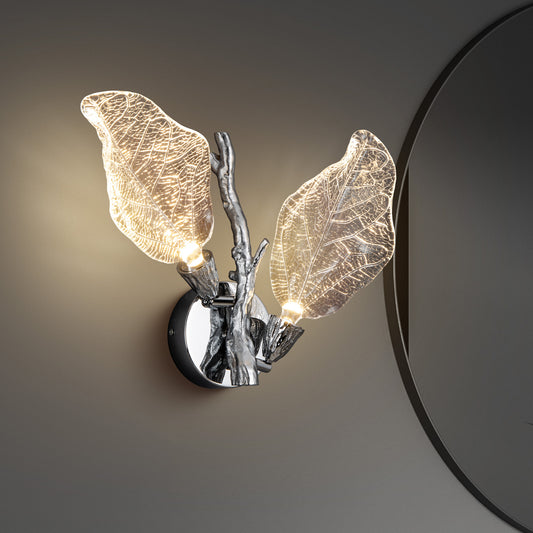 2-Light Silver Bionic Leaf Wall Sconce, LED Vanity Lighting Fixtures for Bathroom Hallway, Living Room, Stairs