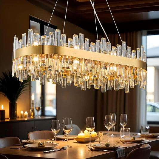 Farmhouse 35.4 in. 16-Light Gold Chandelier, Modern Rectangular K9 Crystal Chandelier for Dining Room, Kitchen Island