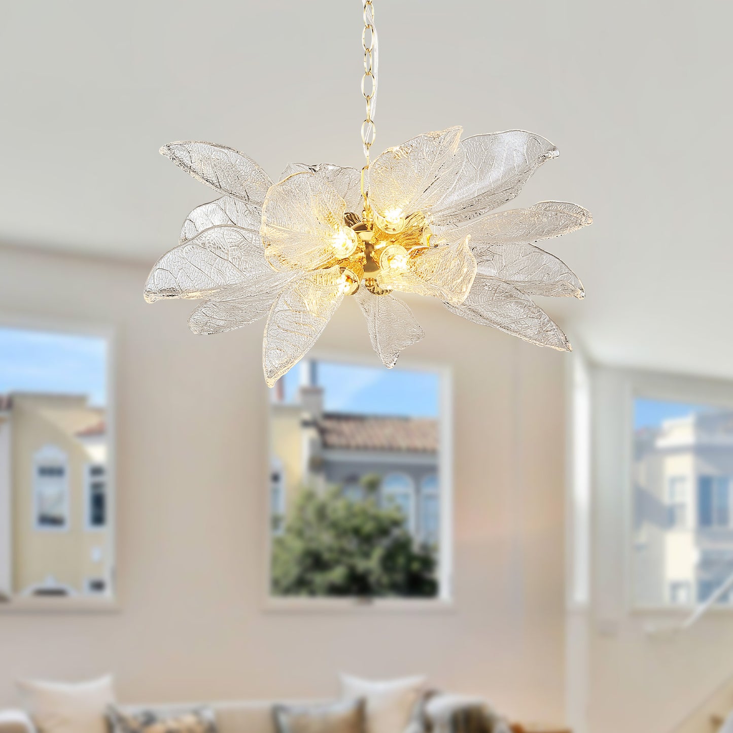 D23 in. 16-Light Gold Modern Chandelier, Crystal Leaf Chandelier for Bedroom, Dining Room, Living Room, Foyer