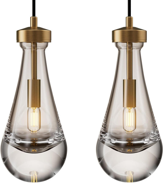 1-Light Modern Gold Chandelier, Pendant Light Kitchen Island with Raindrop Glass Shade (2-Sets)