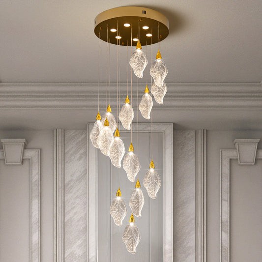 Modern 78 in. H 14-Light Integrated LED Gold Crystal Staircase Chandelier, Bionic Leaf High Ceiling LED Lighting Fixture